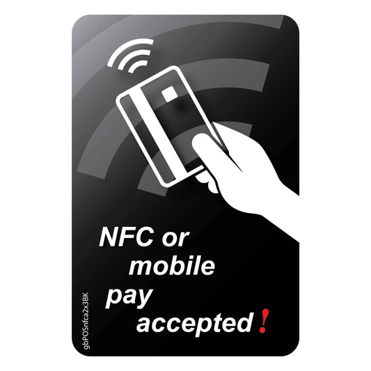 NFC or Mobile Pay Accepted Decal, Black. 2 inches by 3 inches in size. 