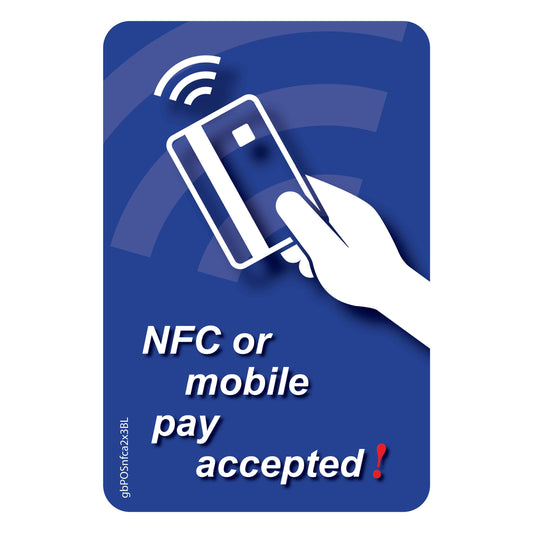 NFC or Mobile Pay Accepted Decal, Blue. 2 inches by 3 inches in size. 
