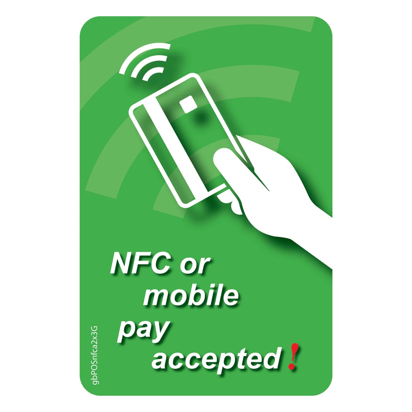 NFC or Mobile Pay Accepted Decal, Green. 2 inches by 3 inches in size. 