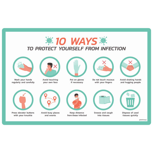 10 Ways to Protect Yourself Decal. 10 inches by 6.5 inches in size. Infection Prevention Decal. Health and Safety Sign. 10 Ways to Protect Yourself. Laminated Information Poster. Durable Infection Control. Waterproof Health Guide. Fade-Resistant Safety Label. SharkSkin Material Decal. Office Building Health Notice. Hospital Infection Control.