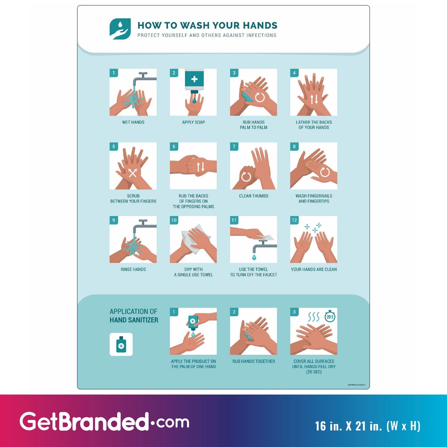 How to Wash Your Hands Decal. 16 inches by 21 inches size guide.