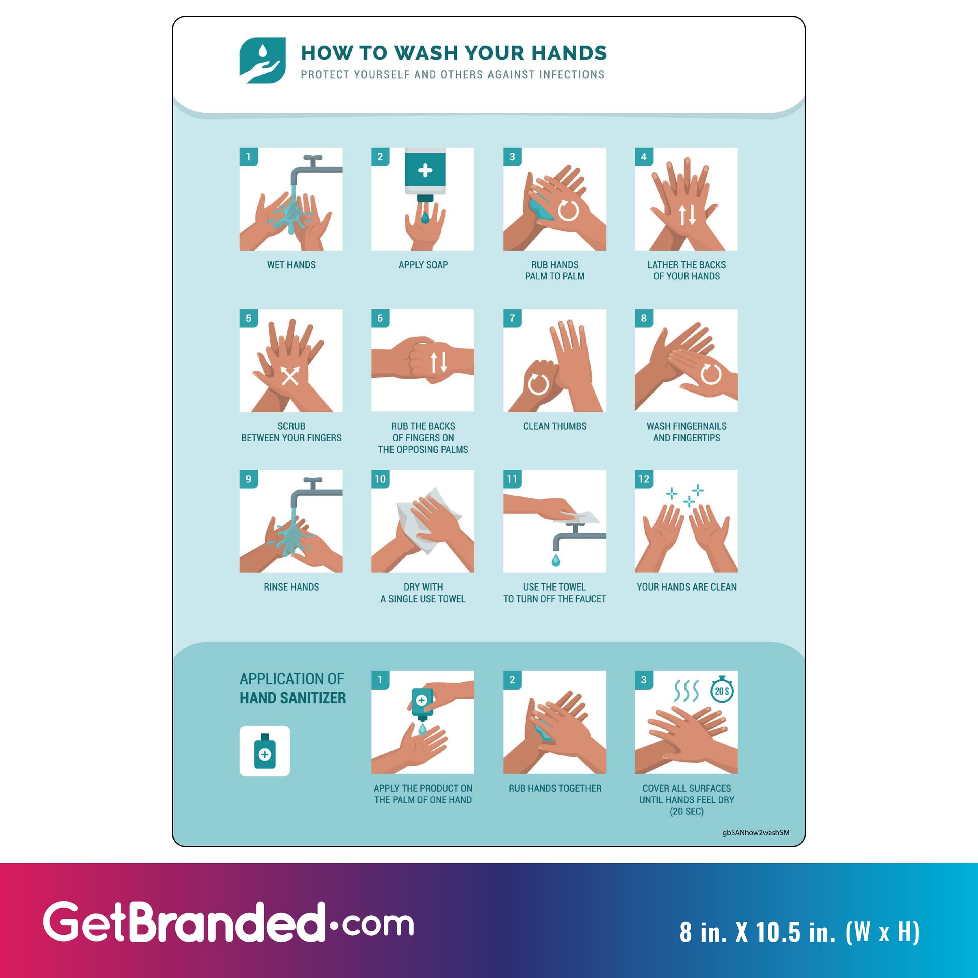 How to Wash Your Hands Decal. 8 inches by 10.5 inches size guide.