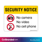 Security Notice No Camera No Video No Cell Phone Decal. 12 in. x 9 in.