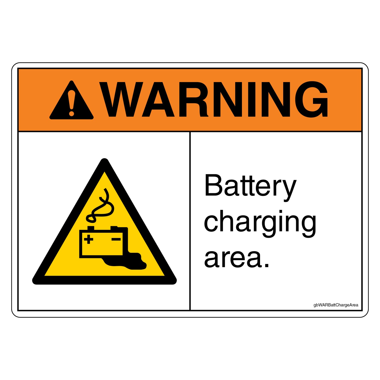 Warning Battery Charging Area Decal. 4 inches by 3 inches in size.