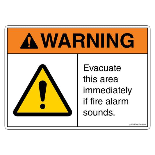 Warning Evacuate This Area Immediately If Fire Alarm Sounds Decal. 4 inches by 3 inches in size.
