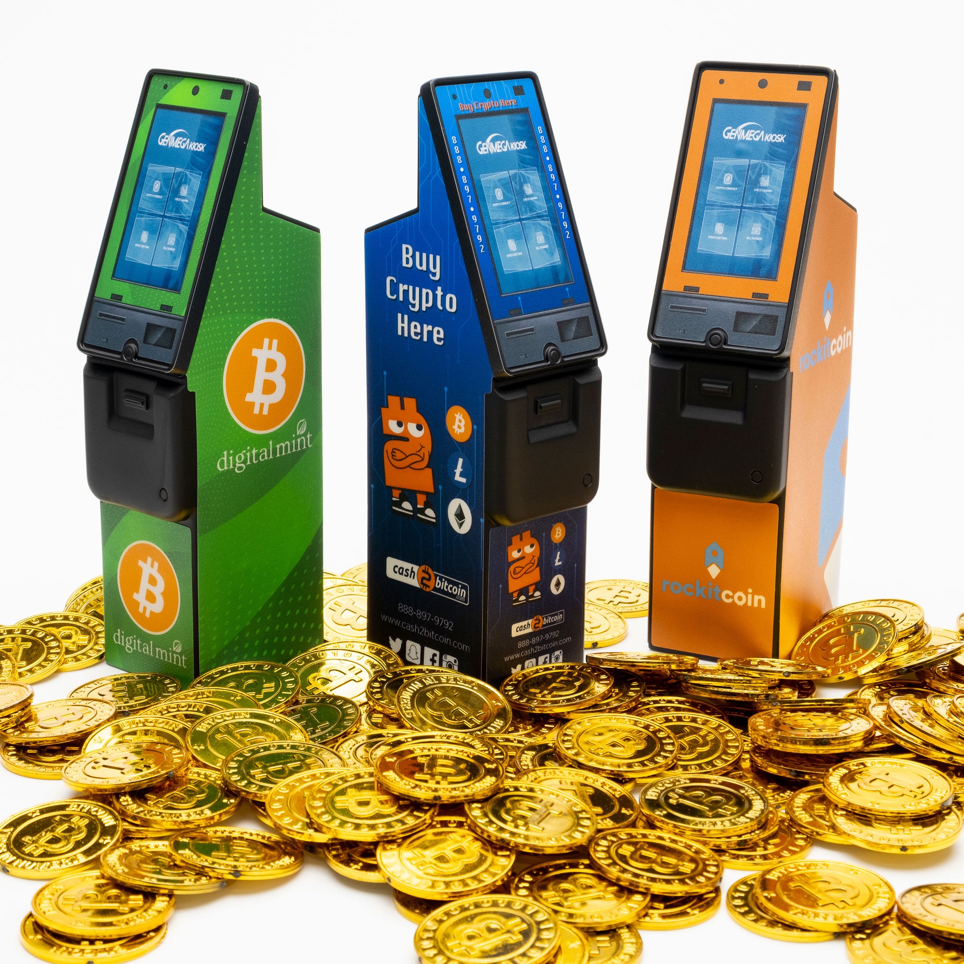 three Mini atm piggy banks surrounded by bitcoins
